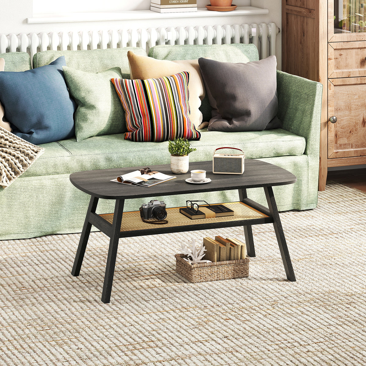 2-Tier Coffee Table with Rattan Storage Shelf - Dark Gray