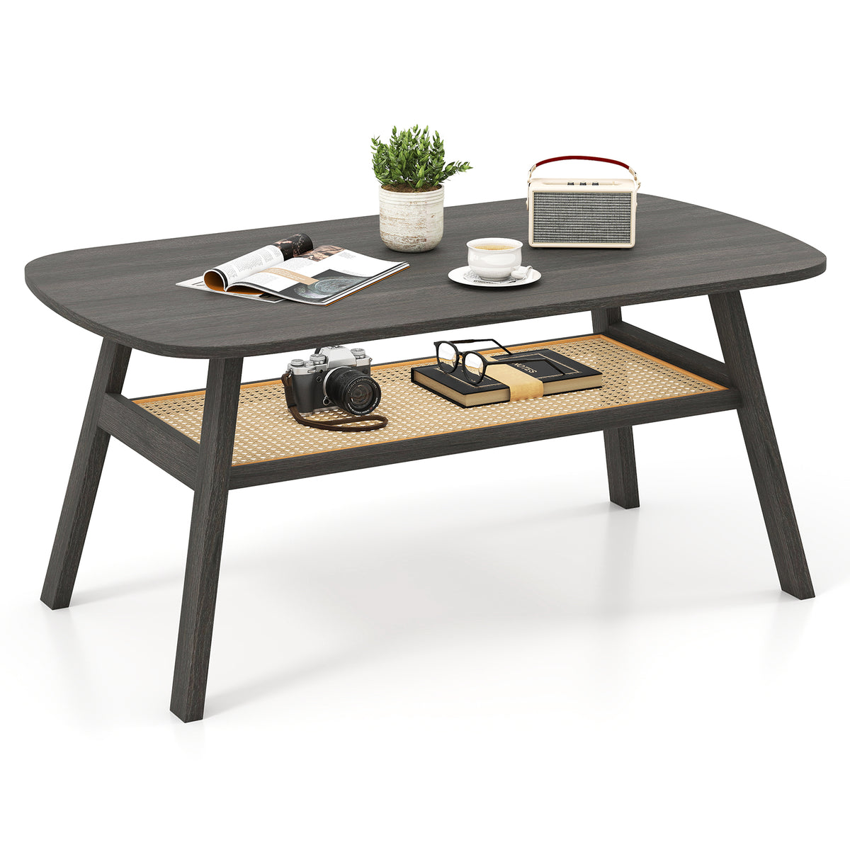 2-Tier Coffee Table with Rattan Storage Shelf - Dark Gray
