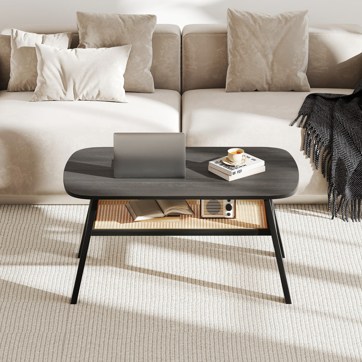 2-Tier Coffee Table with Rattan Storage Shelf - Dark Gray