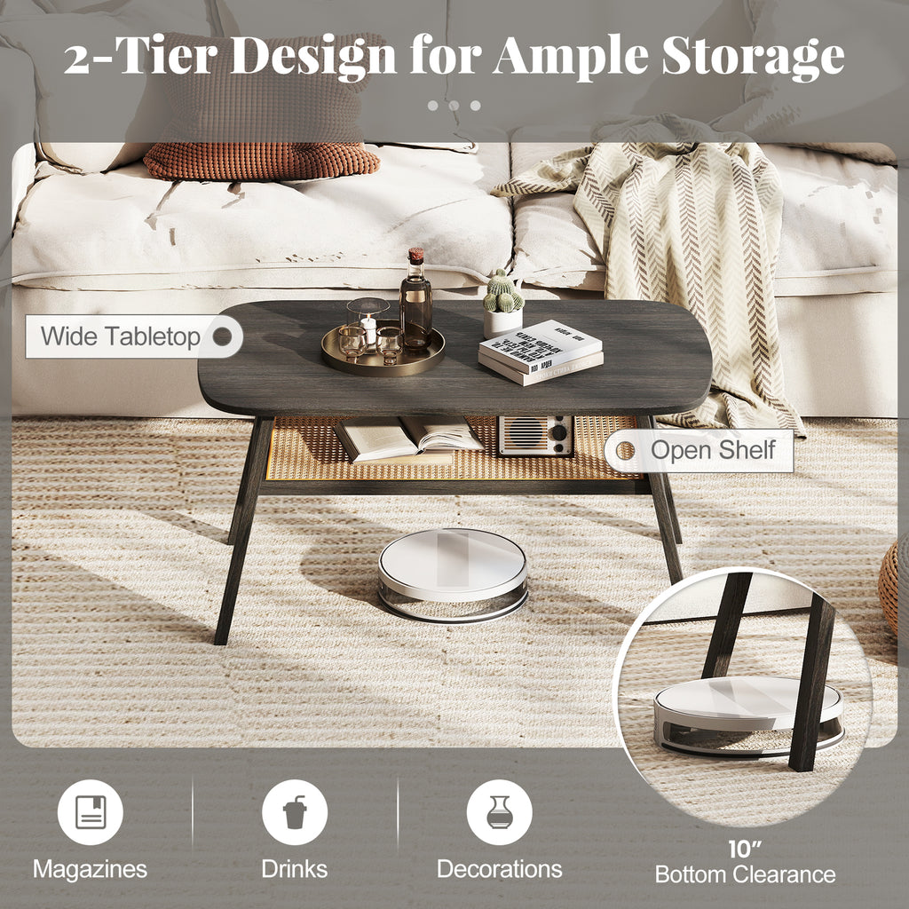2-Tier Coffee Table with Rattan Storage Shelf - Dark Gray