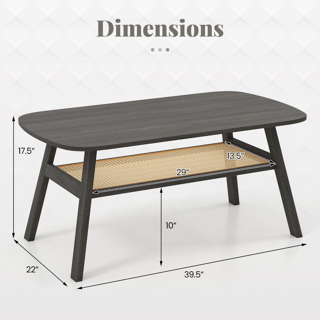 2-Tier Coffee Table with Rattan Storage Shelf - Dark Gray