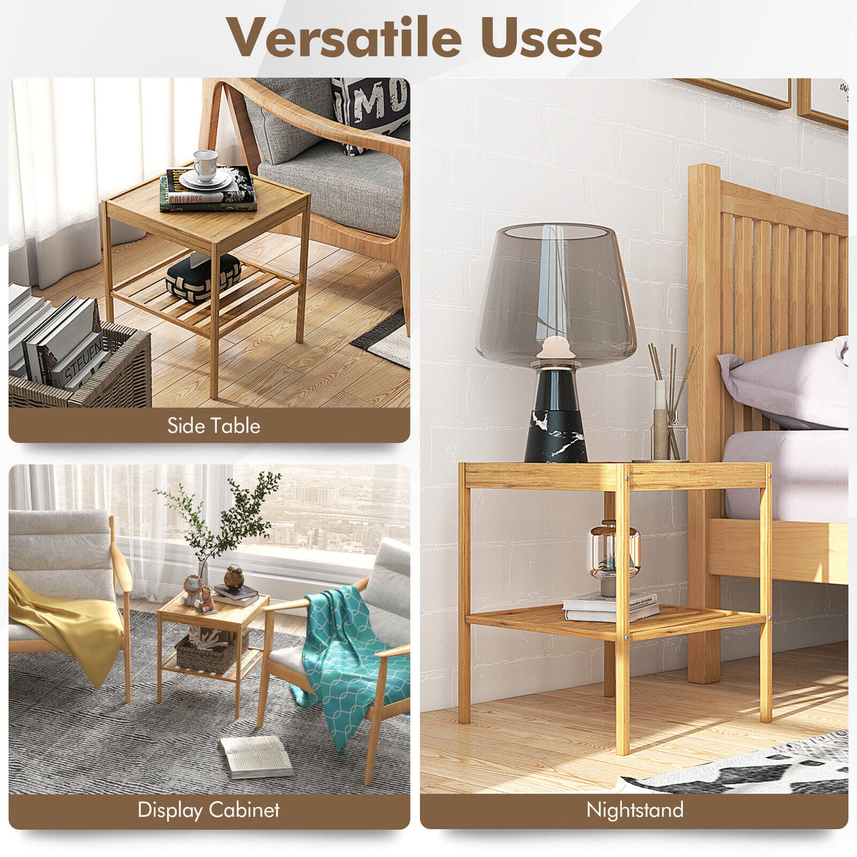 Bamboo Nightstand 2-Piece Set 2-Tier Side Table, Natural