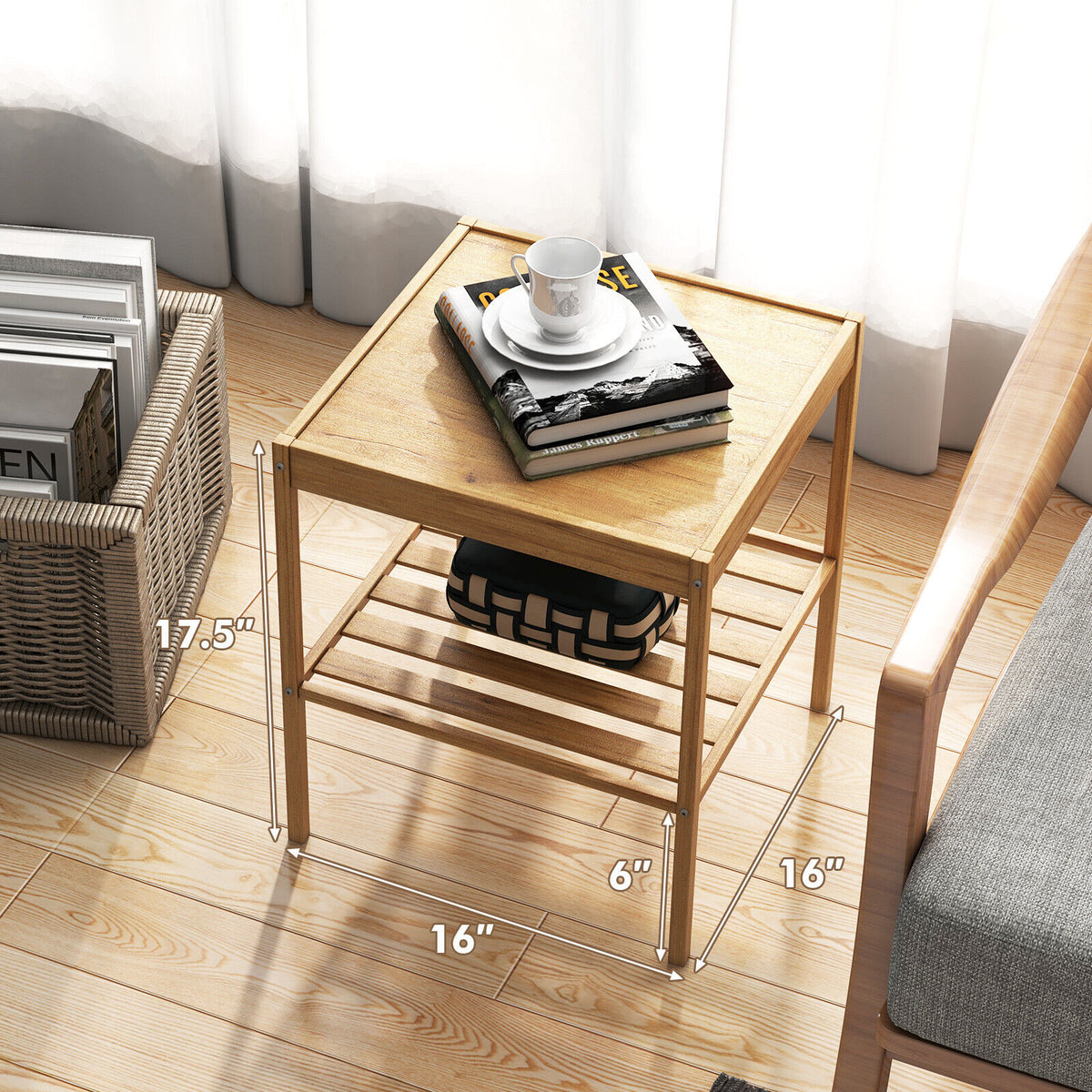 Bamboo Nightstand 2-Piece Set 2-Tier Side Table, Natural