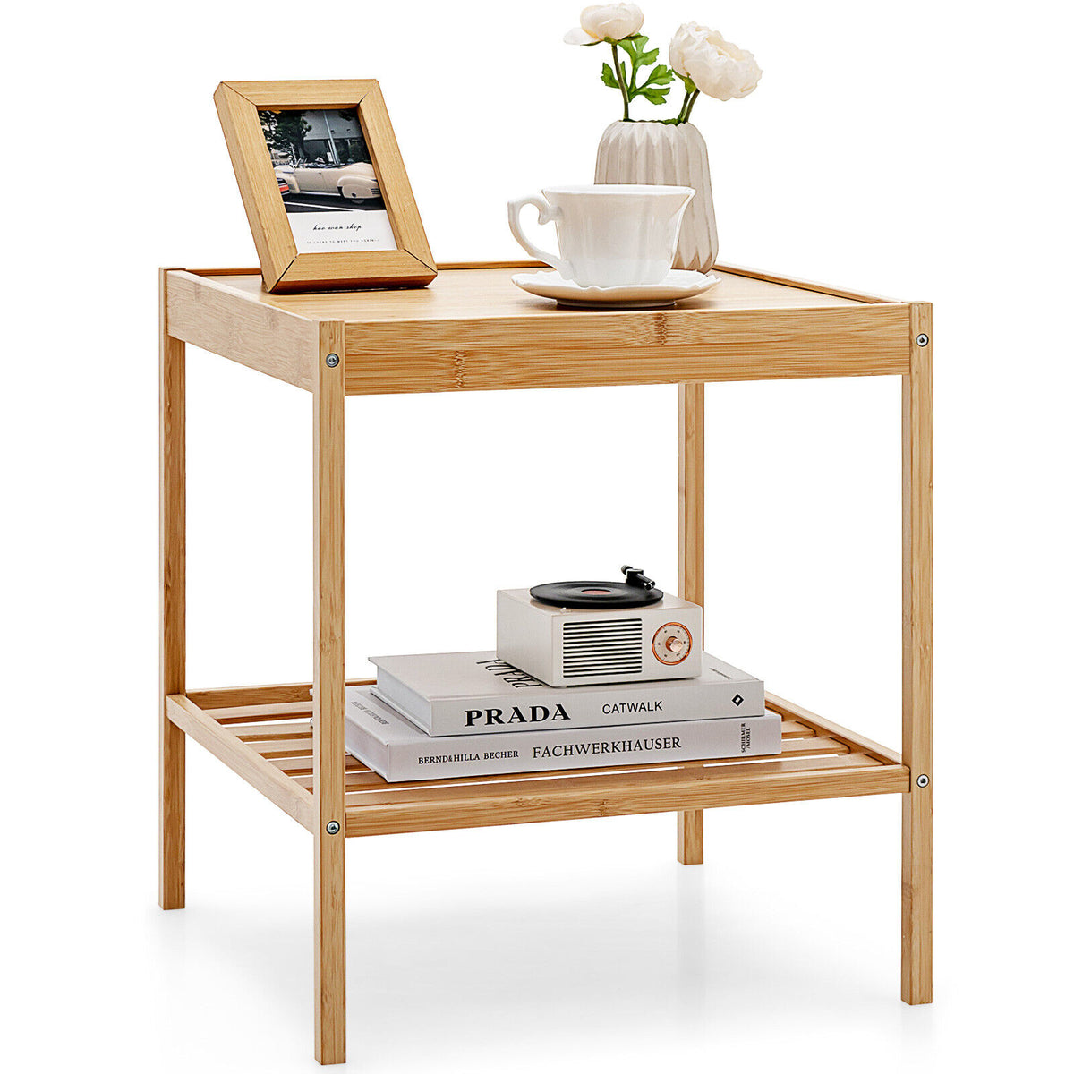 Bamboo Nightstand 2-Piece Set 2-Tier Side Table, Natural