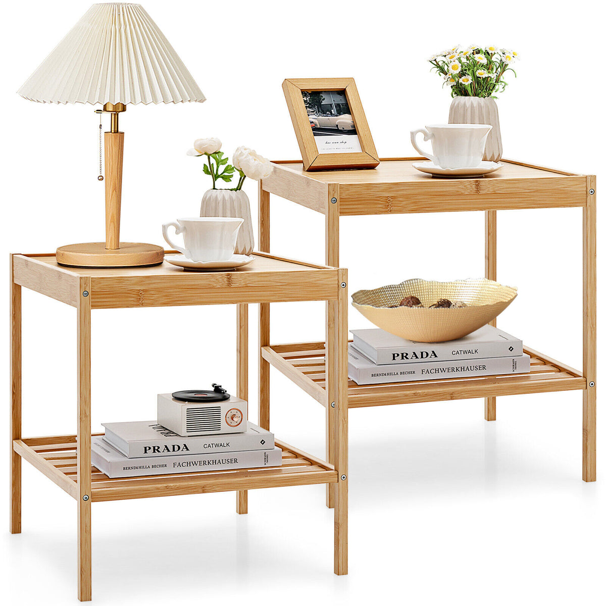 Bamboo Nightstand 2-Piece Set 2-Tier Side Table, Natural