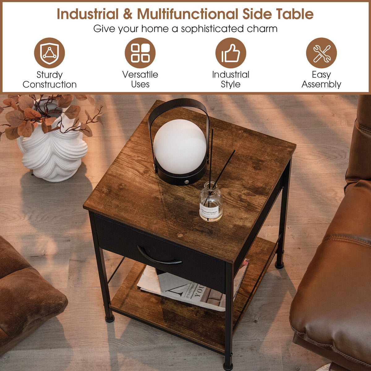 2-Tier Wood Nightstand with Drawer - Rustic Brown