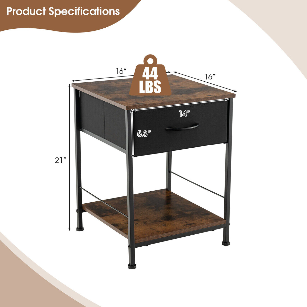 2-Tier Wood Nightstand with Drawer - Rustic Brown