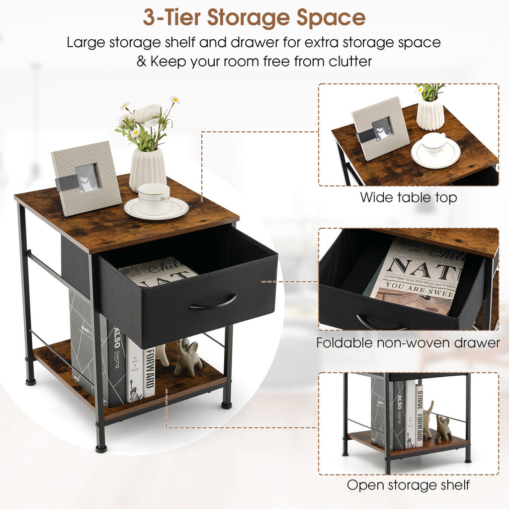 2-Tier Wood Nightstand with Drawer - Rustic Brown