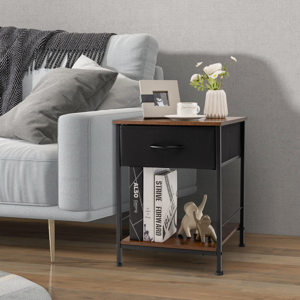 2-Tier Wood Nightstand with Drawer - Rustic Brown
