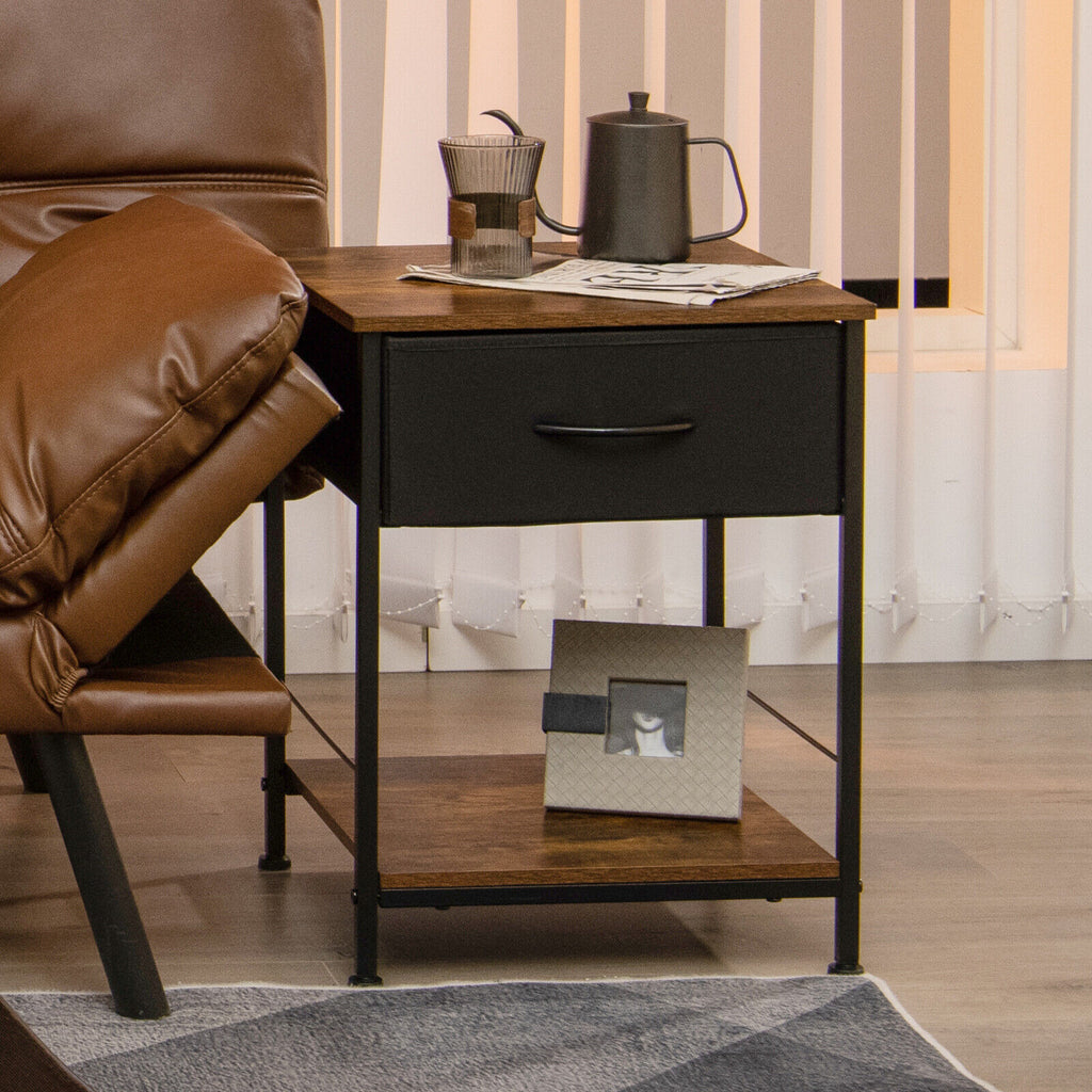 2-Tier Wood Nightstand with Drawer - Rustic Brown