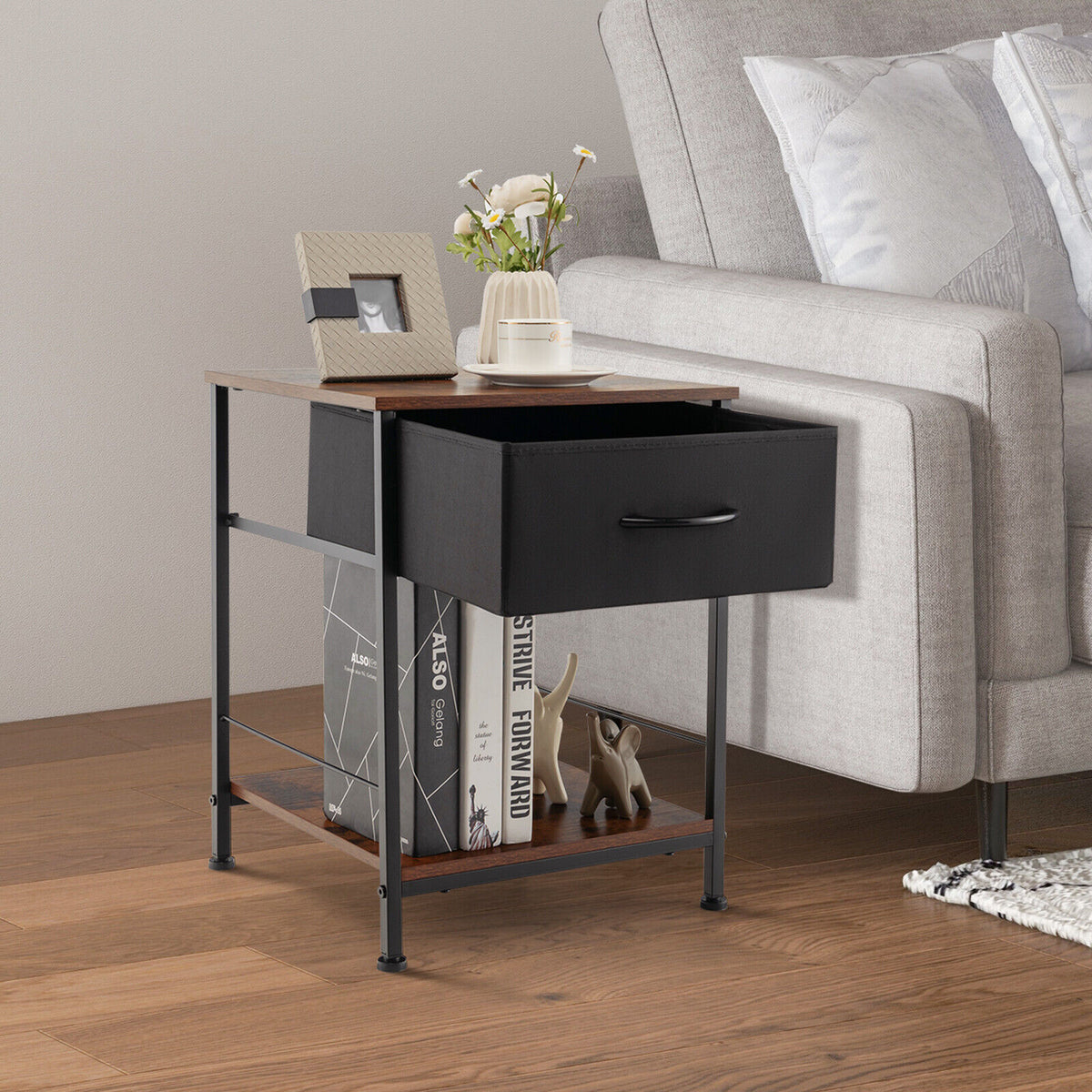 2-Tier Wood Nightstand with Drawer - Rustic Brown