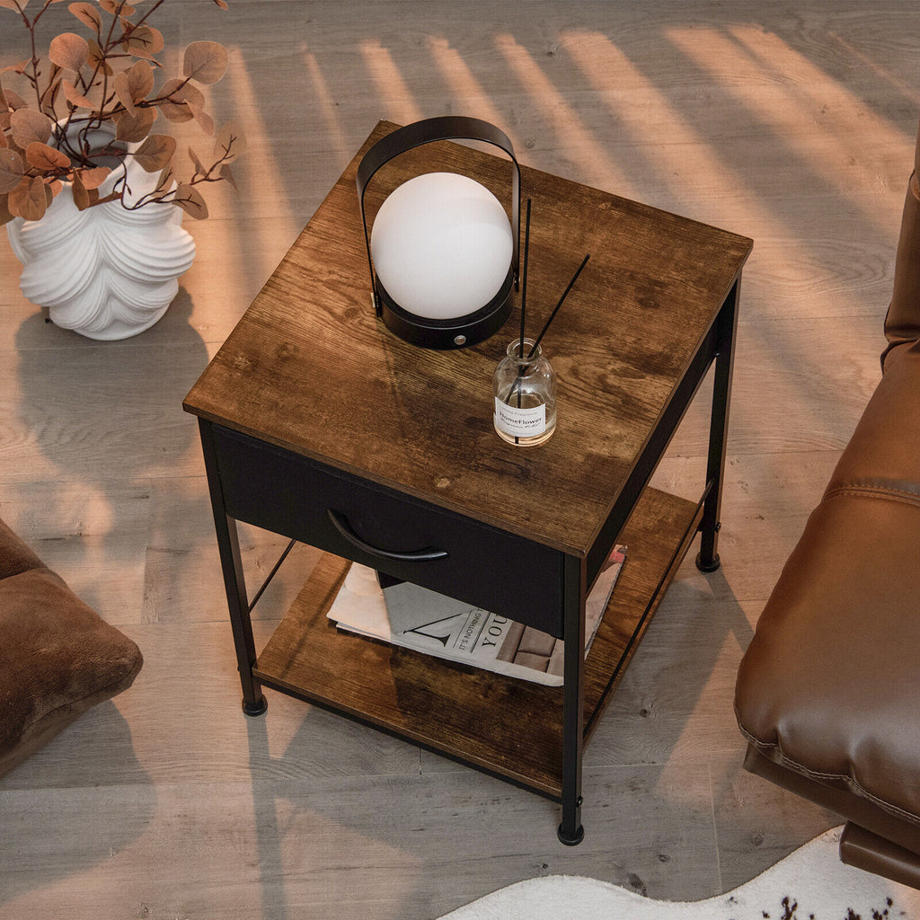 2-Tier Wood Nightstand with Drawer - Rustic Brown