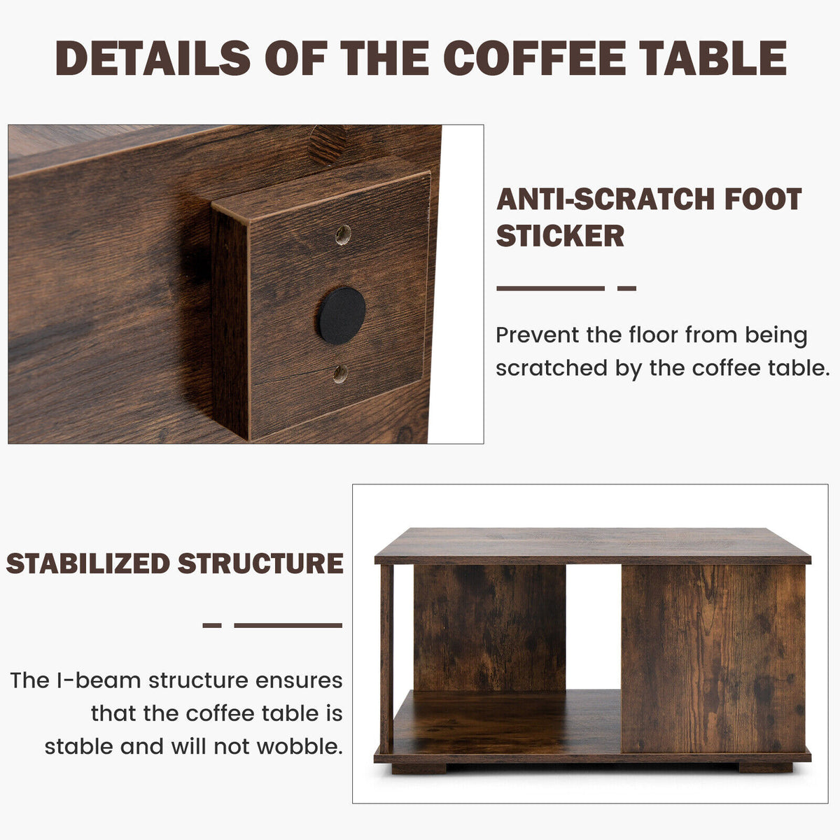 2-Tier Square Coffee Table with Storage - Rustic Brown