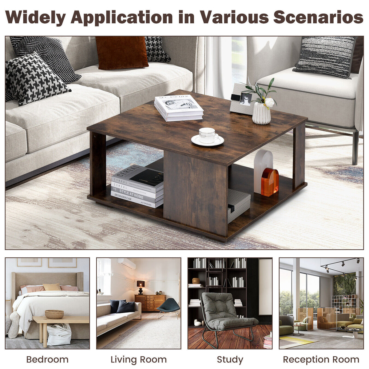 2-Tier Square Coffee Table with Storage - Rustic Brown