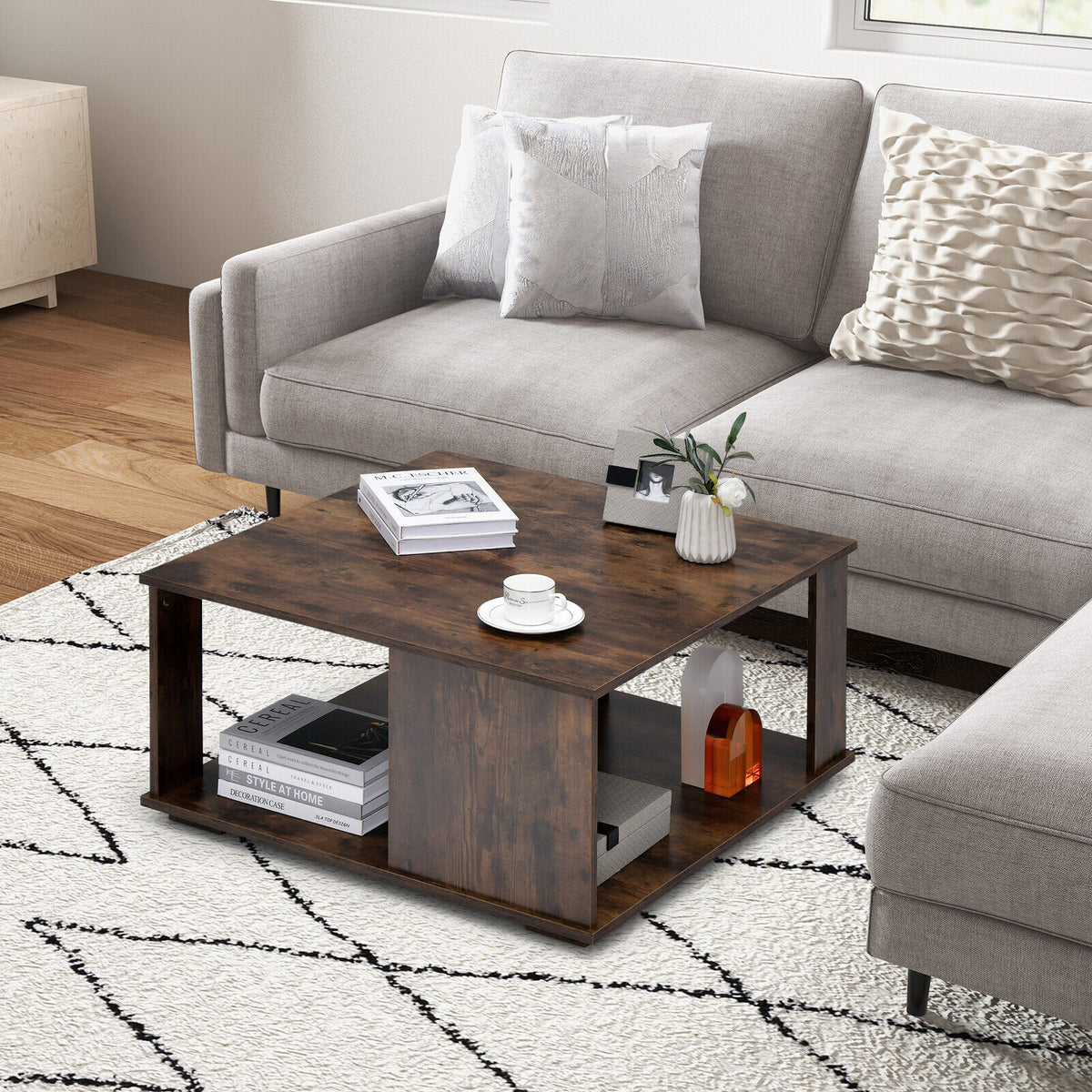 2-Tier Square Coffee Table with Storage - Rustic Brown