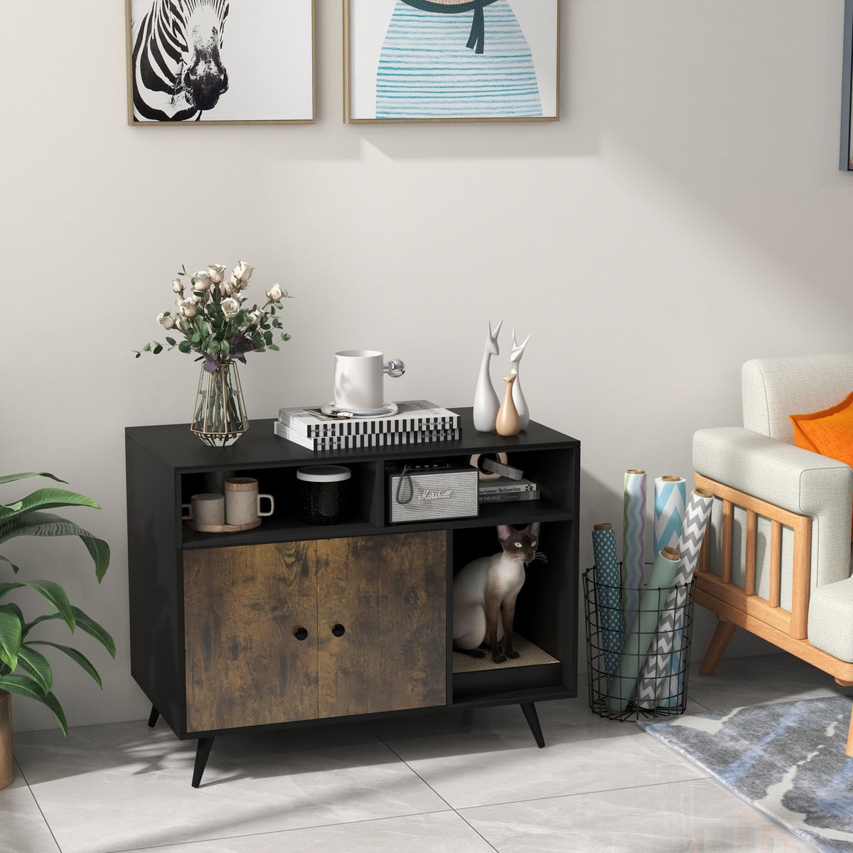 Cat Litter Box Enclosure with Storage & Scratch Pad - Modern Wooden Design