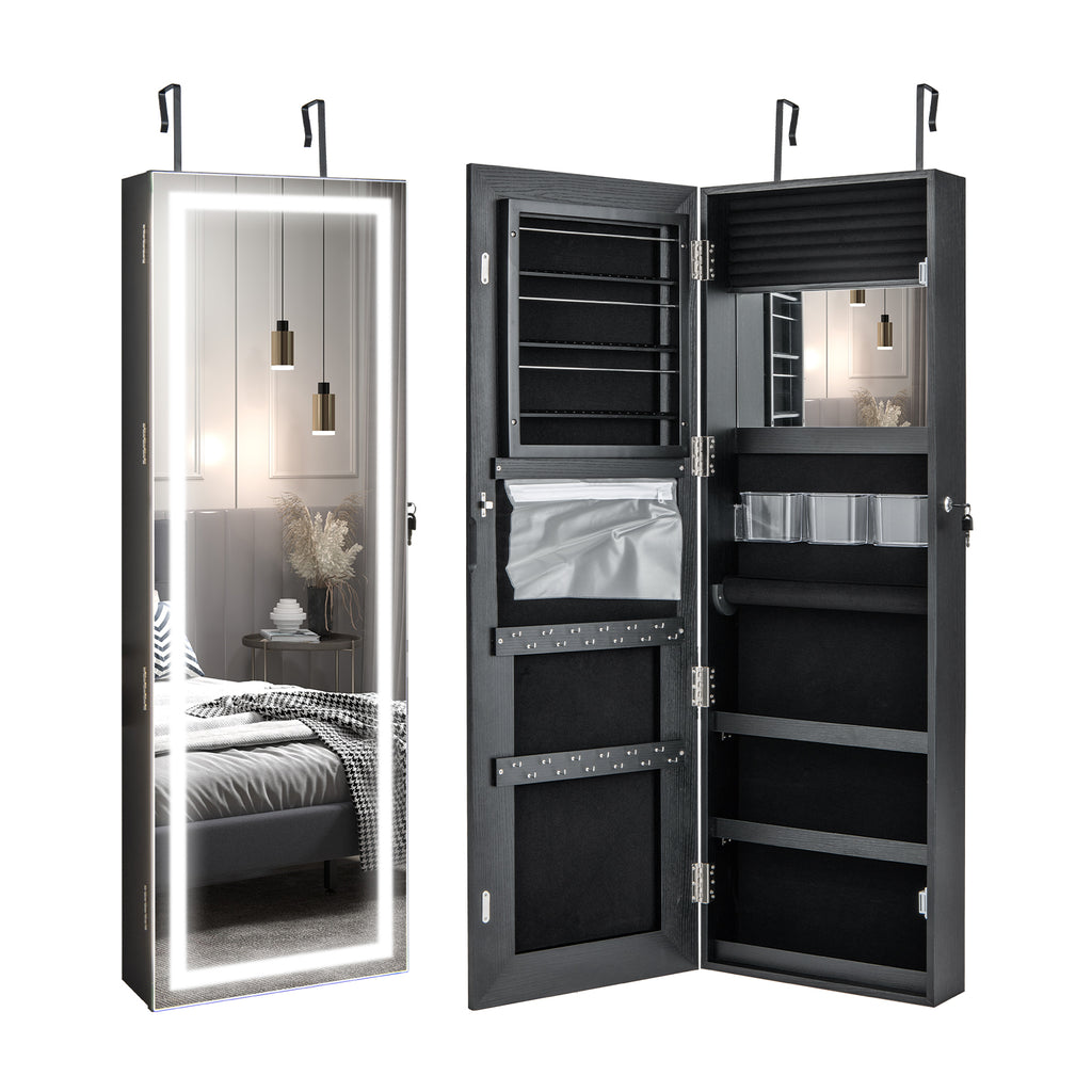 Mirrored Jewelry Armoire with Full Length Mirror and LED Lights – Style 2, Black