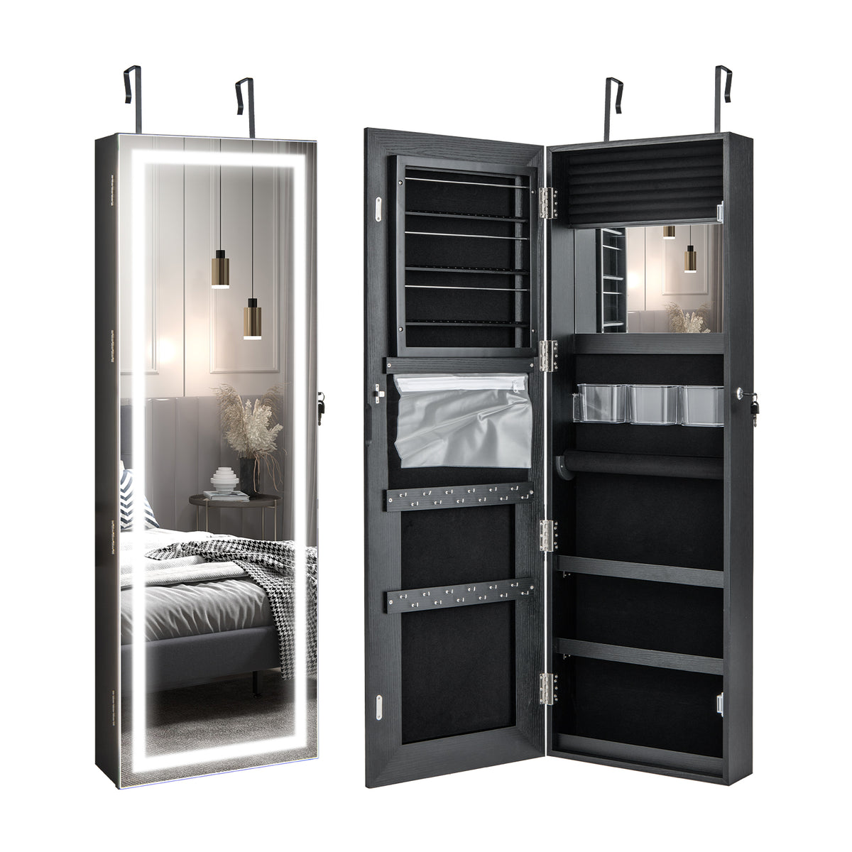 Mirrored Jewelry Armoire with Full Length Mirror and LED Lights – Style 2, Black