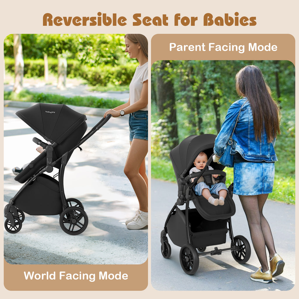 2-in-1 Baby Stroller with Bassinet Mode & Reversible Seat - Black, Easy Fold