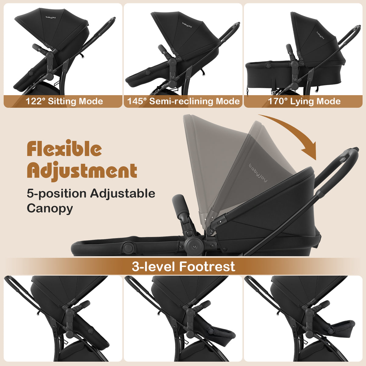 2-in-1 Baby Stroller with Bassinet Mode & Reversible Seat - Black, Easy Fold