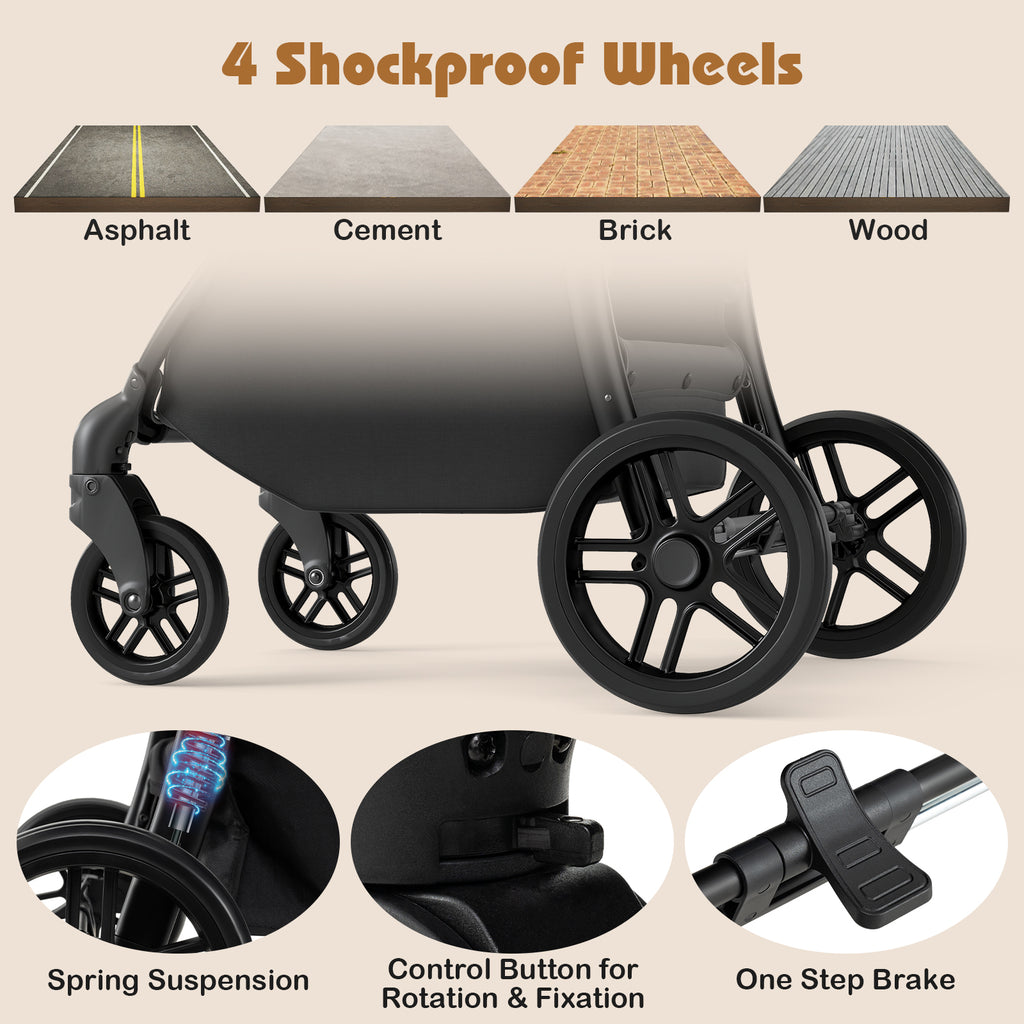 2-in-1 Baby Stroller with Bassinet Mode & Reversible Seat - Black, Easy Fold