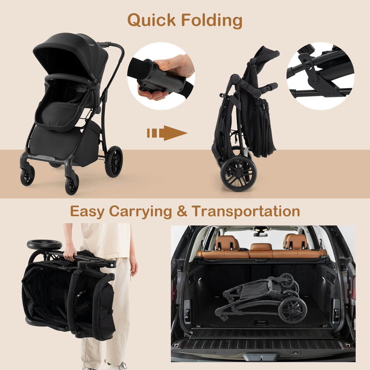 2-in-1 Baby Stroller with Bassinet Mode & Reversible Seat - Black, Easy Fold