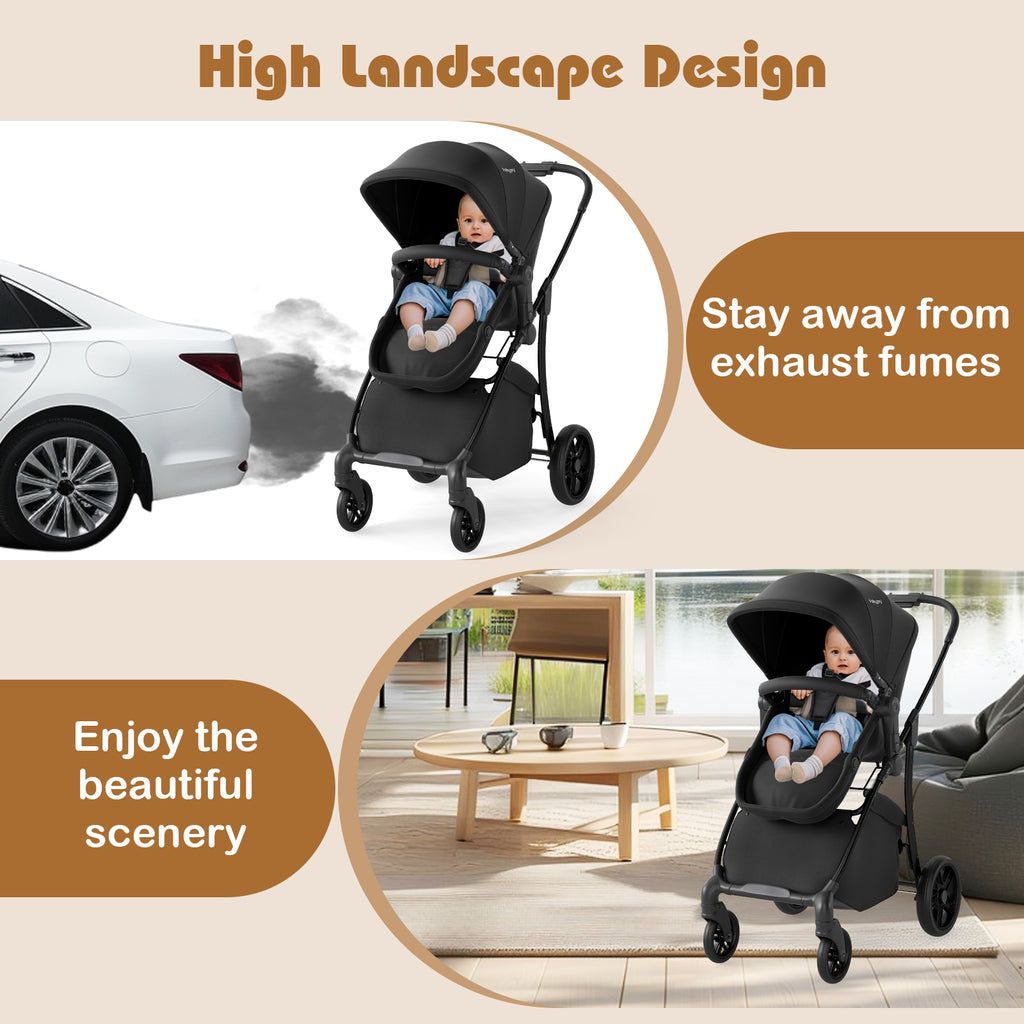 2-in-1 Baby Stroller with Bassinet Mode & Reversible Seat - Black, Easy Fold