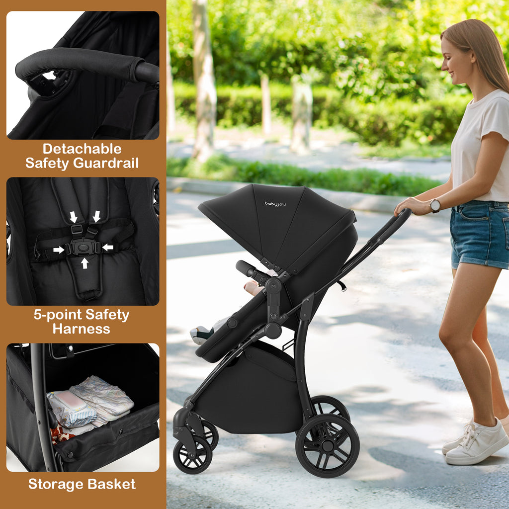 2-in-1 Baby Stroller with Bassinet Mode & Reversible Seat - Black, Easy Fold