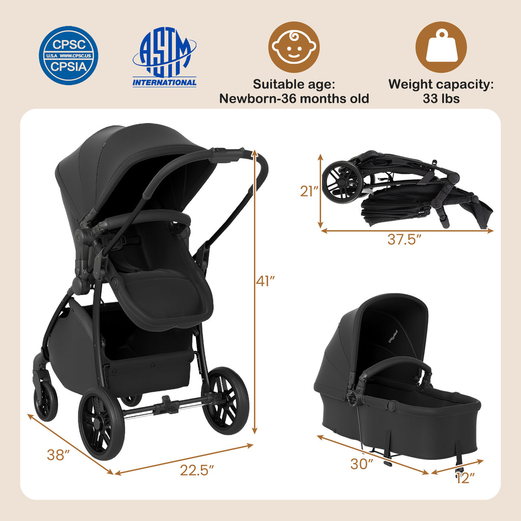 2-in-1 Baby Stroller with Bassinet Mode & Reversible Seat - Black, Easy Fold