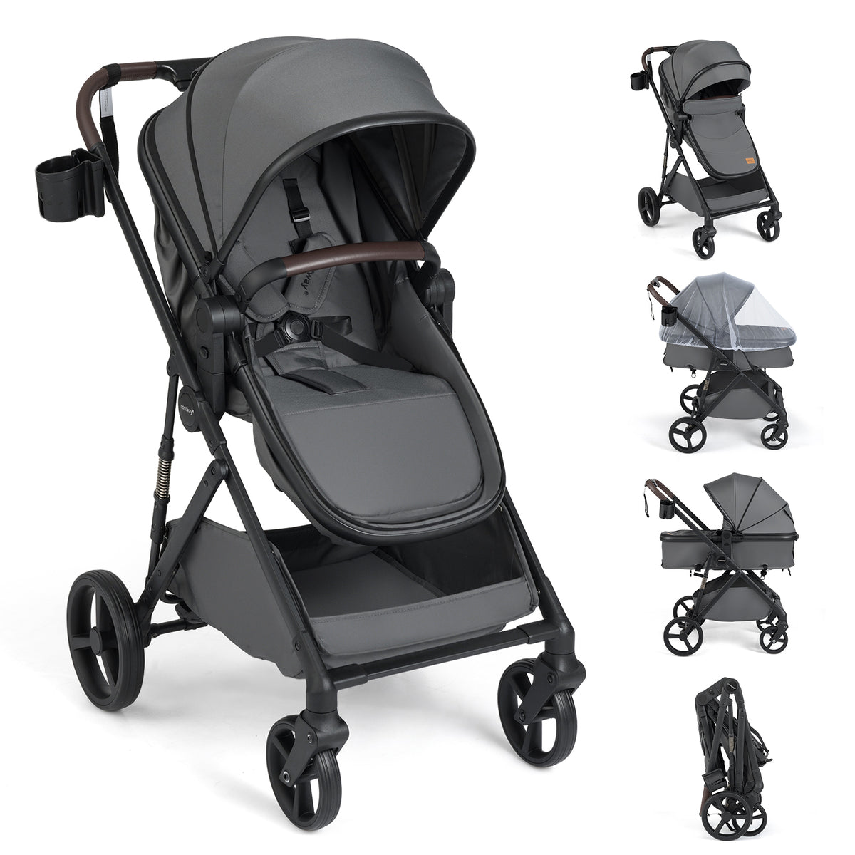 Costway 2-in-1 Baby Stroller with Bassinet Mode & Reversible Seat - Gray