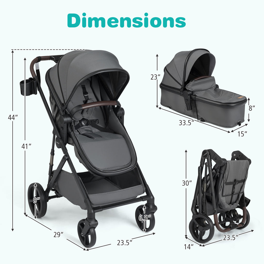 Costway 2-in-1 Baby Stroller with Bassinet Mode & Reversible Seat - Gray