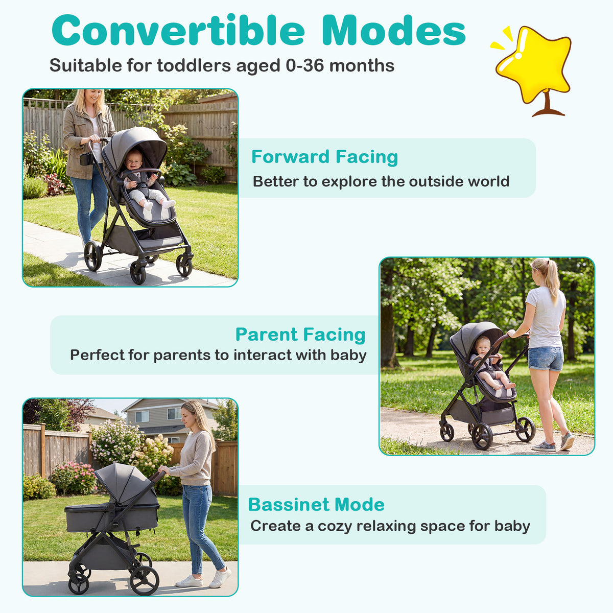 Costway 2-in-1 Baby Stroller with Bassinet Mode & Reversible Seat - Gray