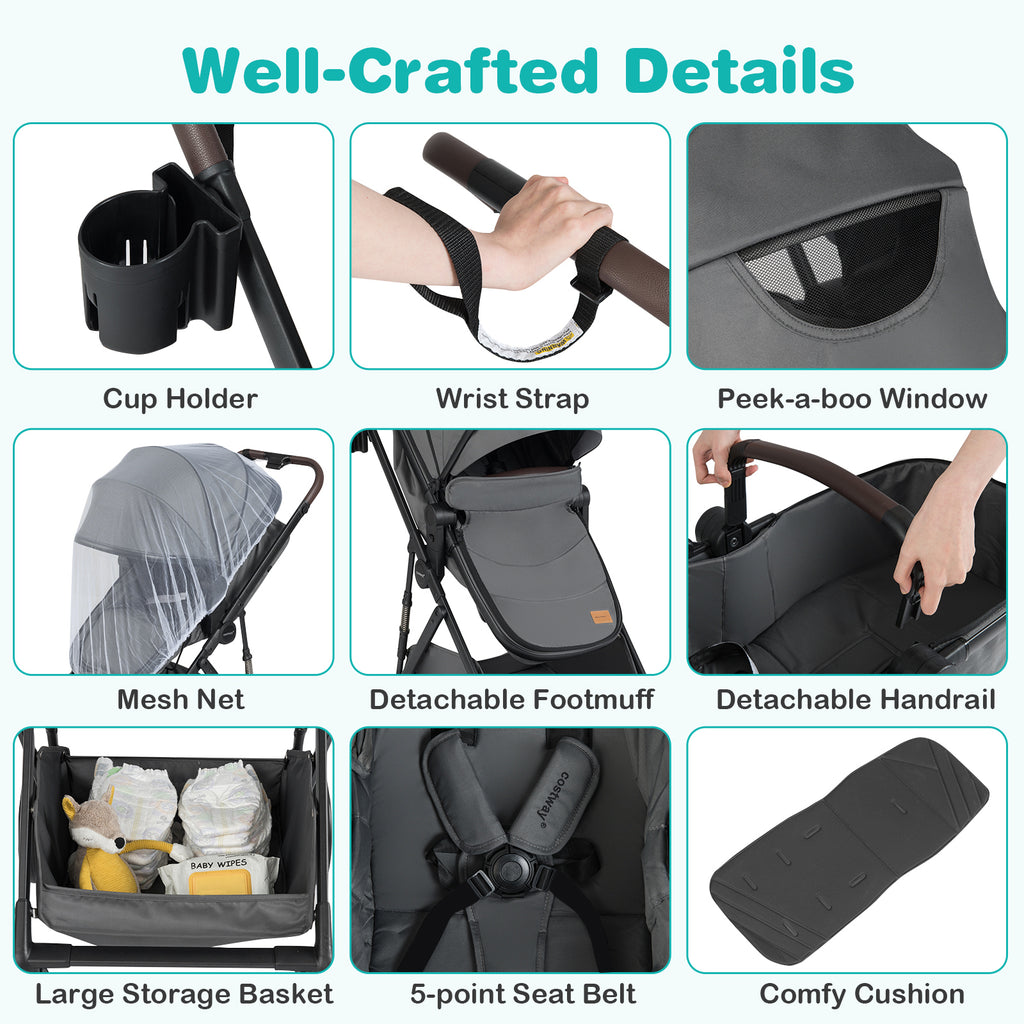 Costway 2-in-1 Baby Stroller with Bassinet Mode & Reversible Seat - Gray