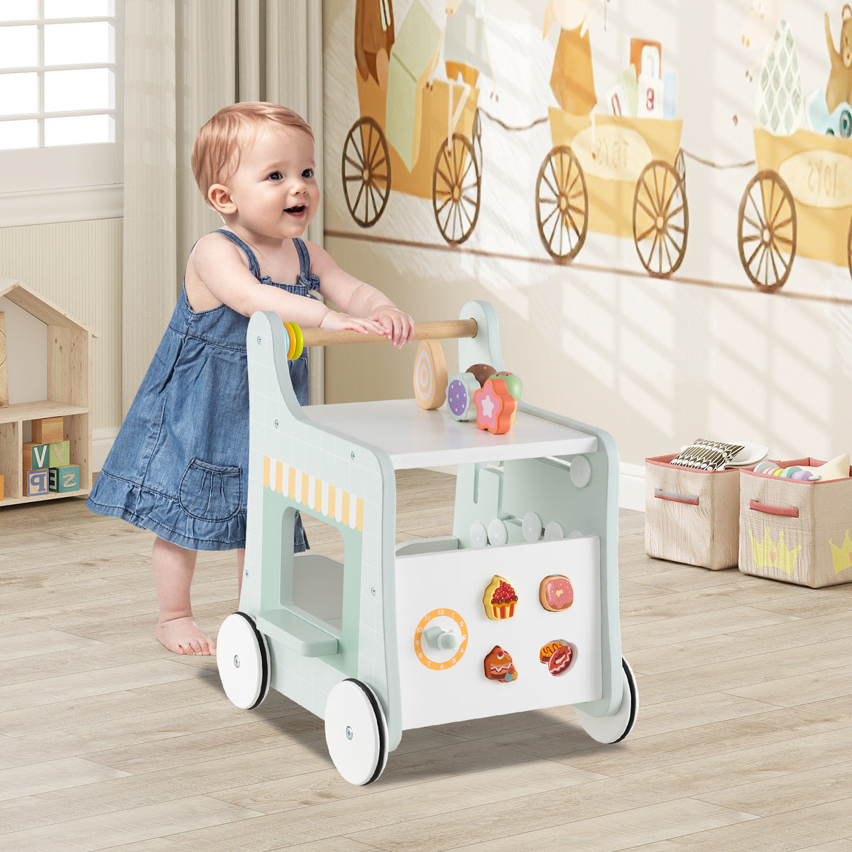 2-in-1 Baby Walker with Storage and Ice Cream Play - Light Green, For 1+ Years