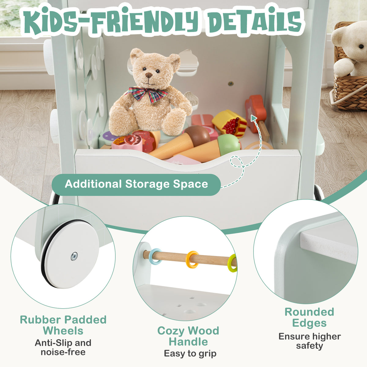 2-in-1 Baby Walker with Storage and Ice Cream Play - Light Green, For 1+ Years