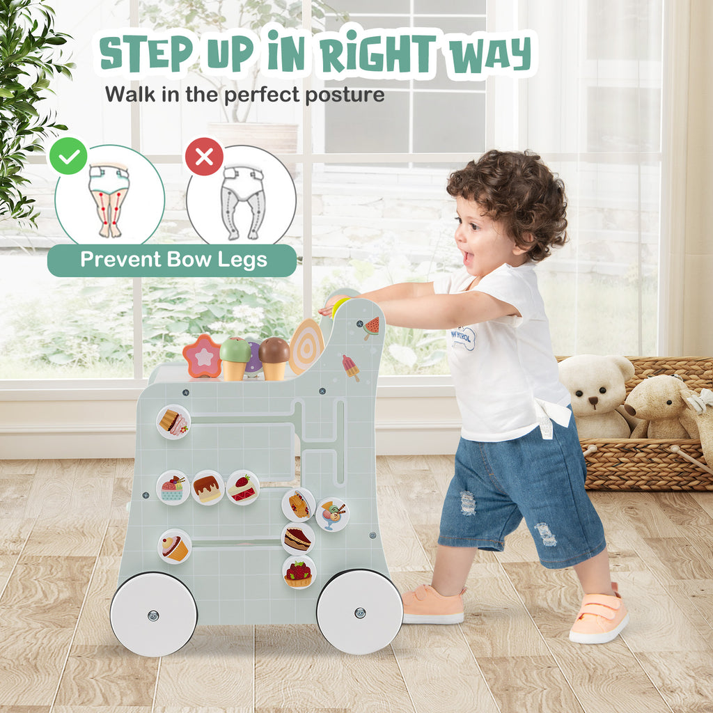 2-in-1 Baby Walker with Storage and Ice Cream Play - Light Green, For 1+ Years