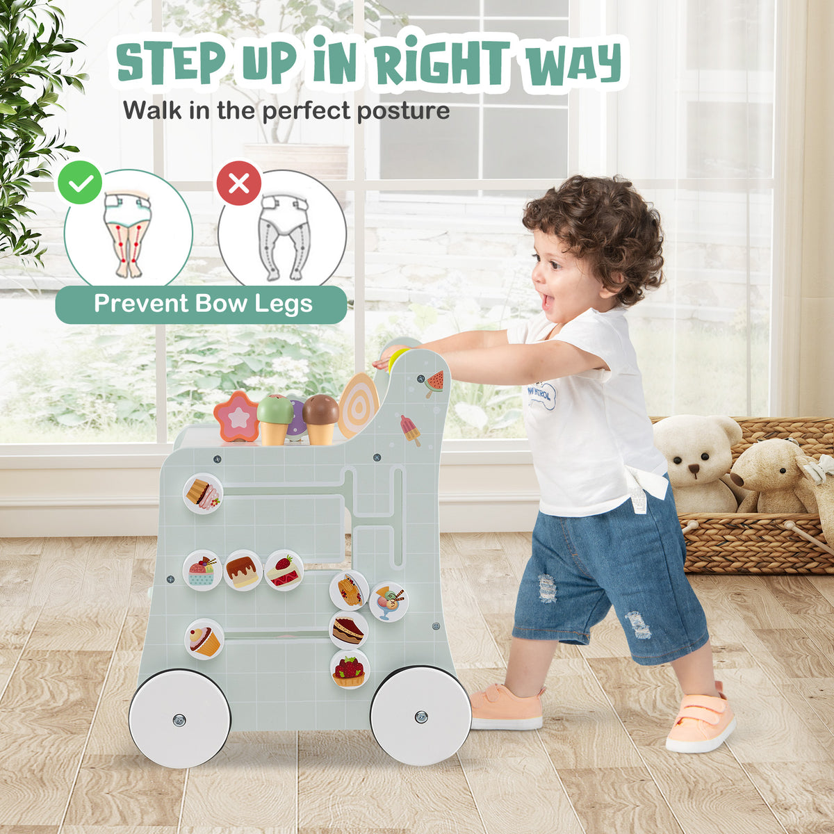 2-in-1 Baby Walker with Storage and Ice Cream Play - Light Green, For 1+ Years