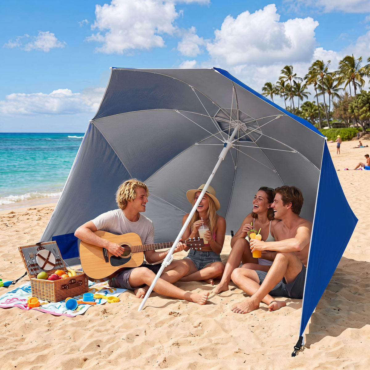 2-in-1 Beach Shelter Umbrella UPF 50+ with Side Panels for Camping