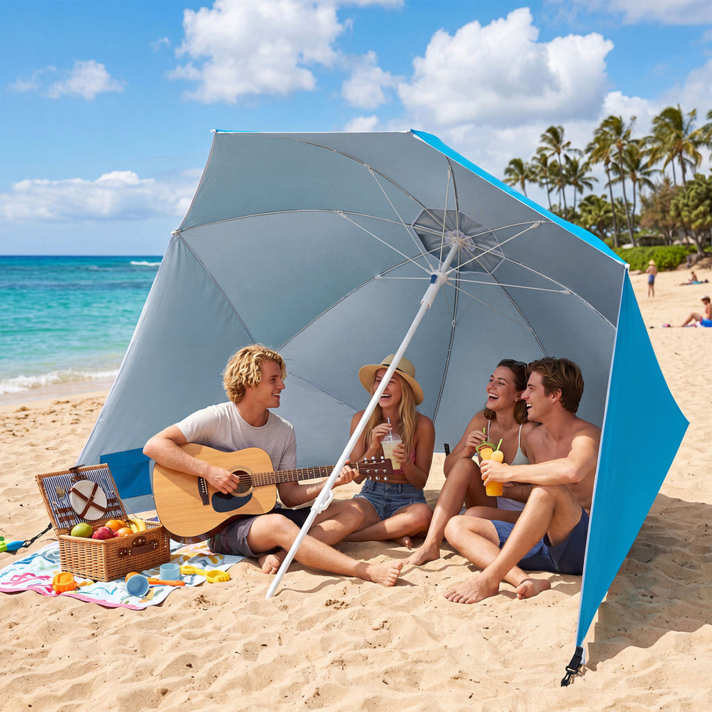 2-in-1 Beach Shelter Umbrella UPF 50+ with Side Panels for Camping