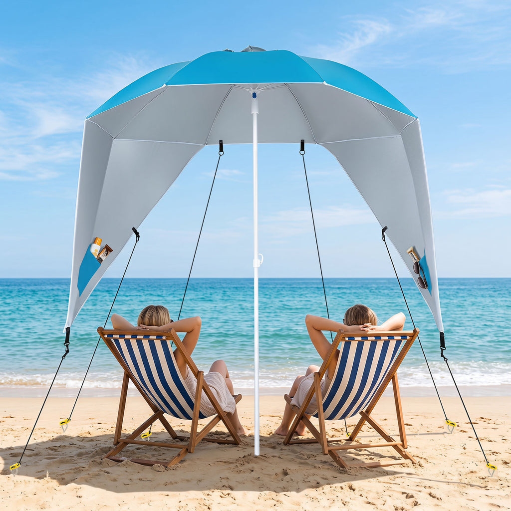 2-in-1 Beach Shelter Umbrella UPF 50+ with Side Panels for Camping