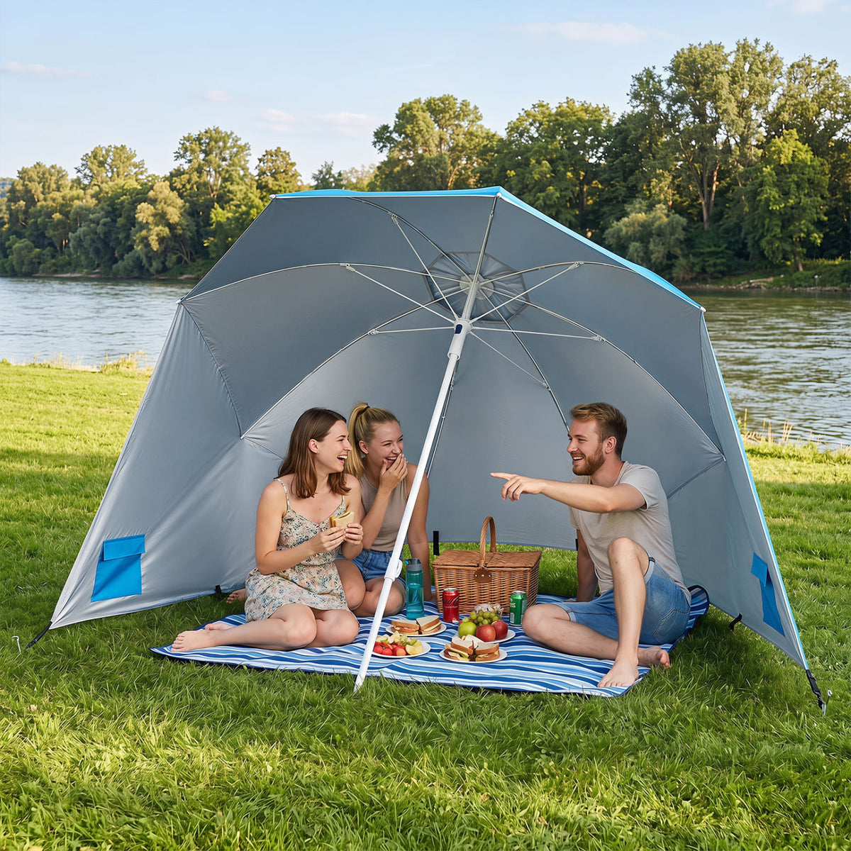 2-in-1 Beach Shelter Umbrella UPF 50+ with Side Panels for Camping