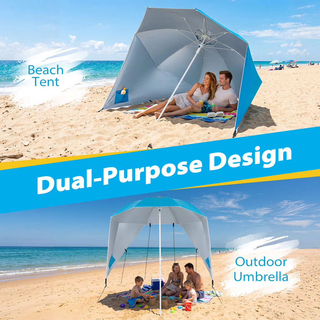 2-in-1 Beach Shelter Umbrella UPF 50+ with Side Panels for Camping