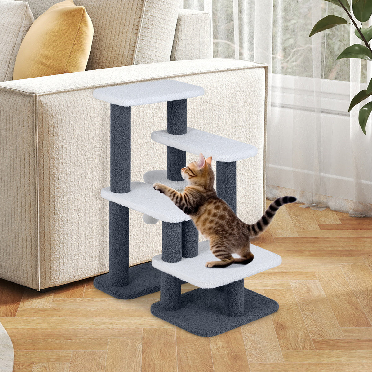 Gray 2-in-1 Cat Stairs and Tree Tower with Scratching Posts & Toy Ball - Costway