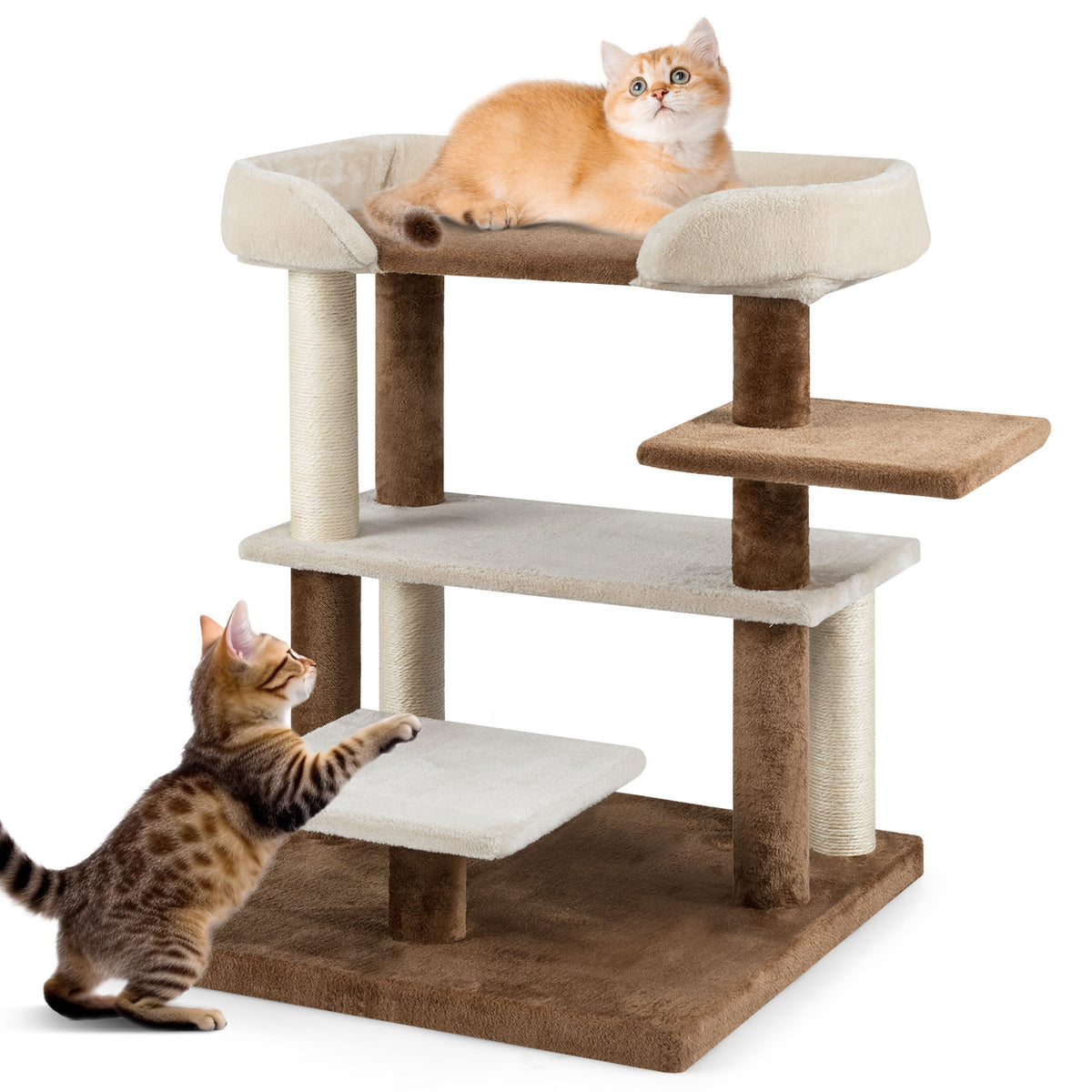 Brown 2-in-1 Cat Tree Tower with Sisal Scratching Posts & Large Platforms - Pet Steps