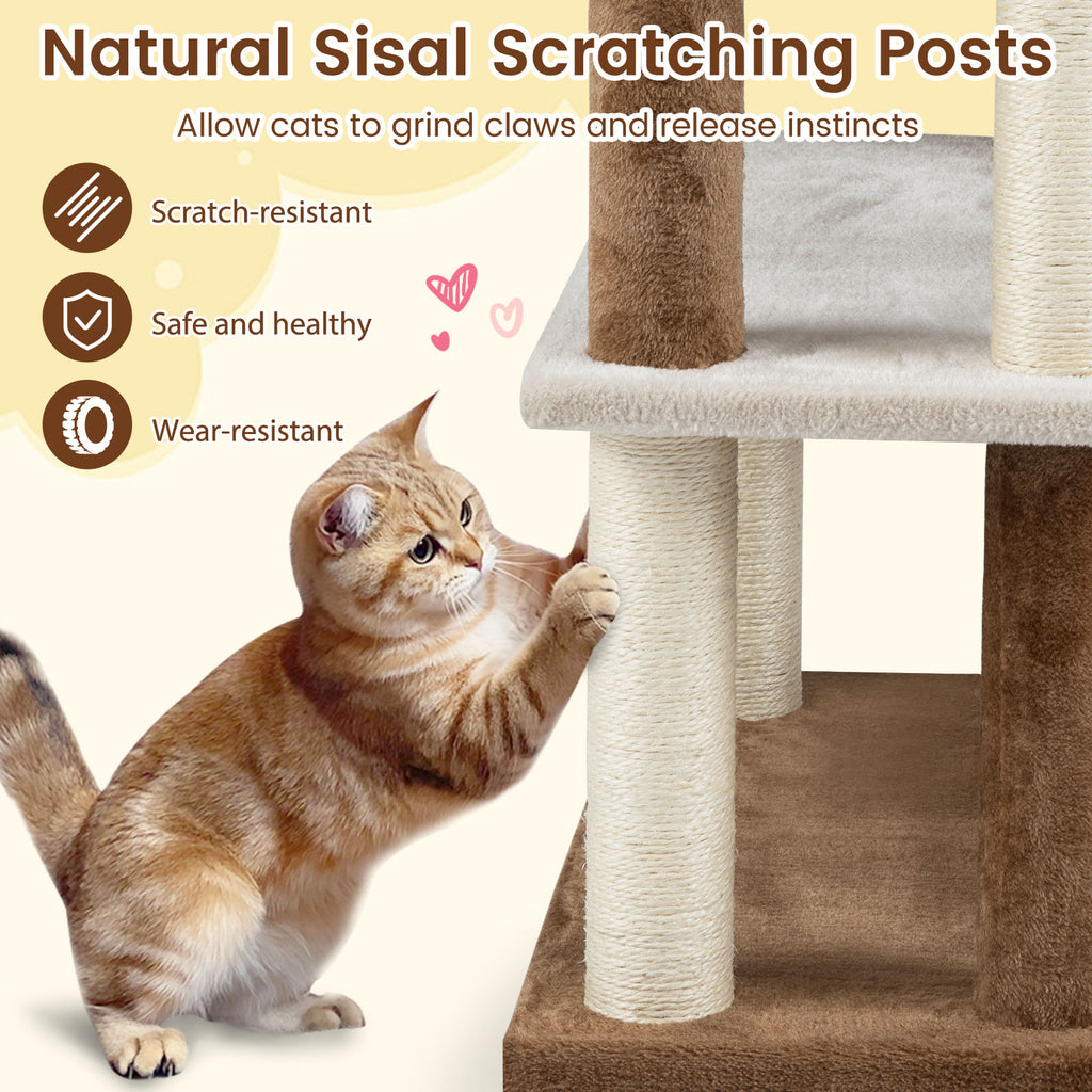 Brown 2-in-1 Cat Tree Tower with Sisal Scratching Posts & Large Platforms - Pet Steps