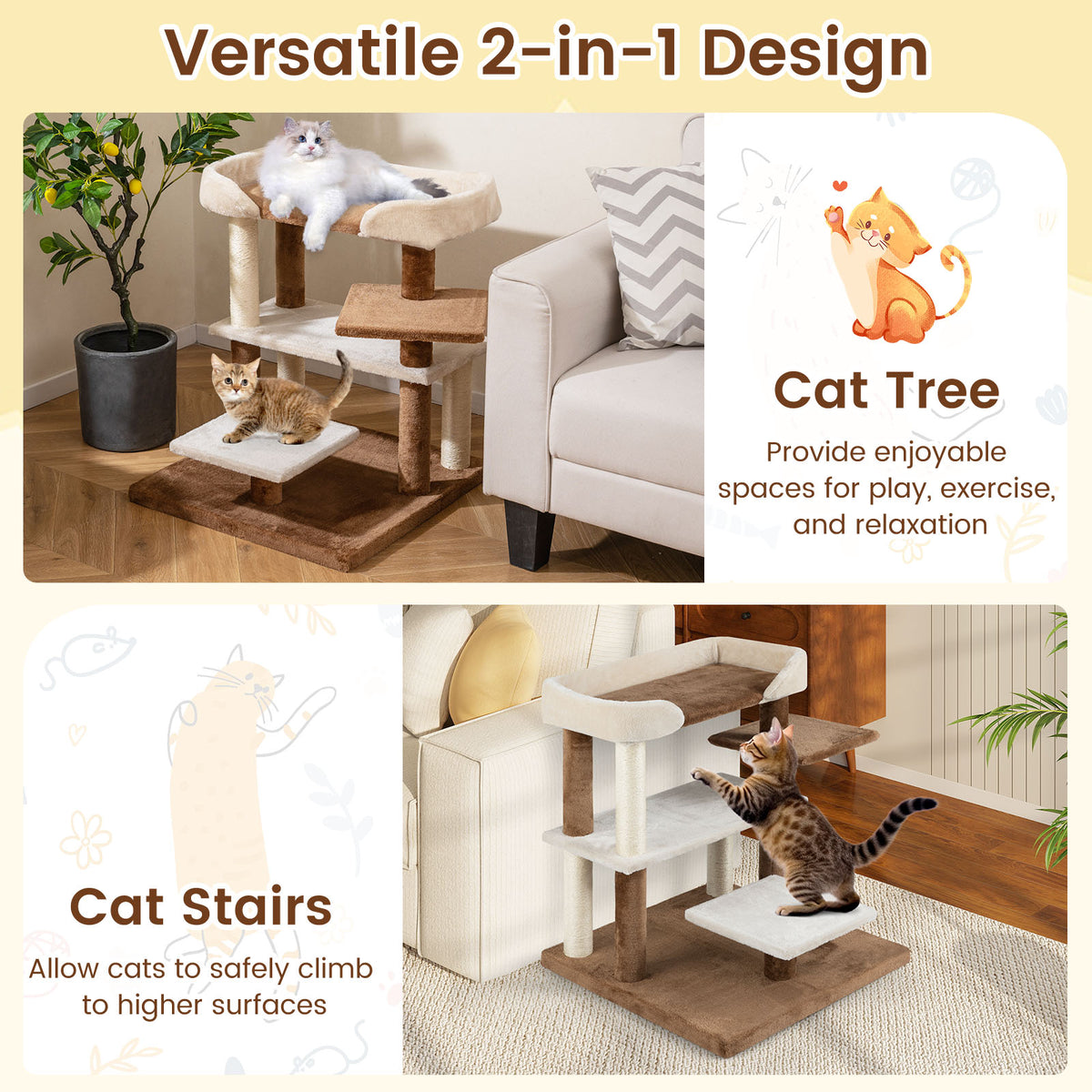 Brown 2-in-1 Cat Tree Tower with Sisal Scratching Posts & Large Platforms - Pet Steps