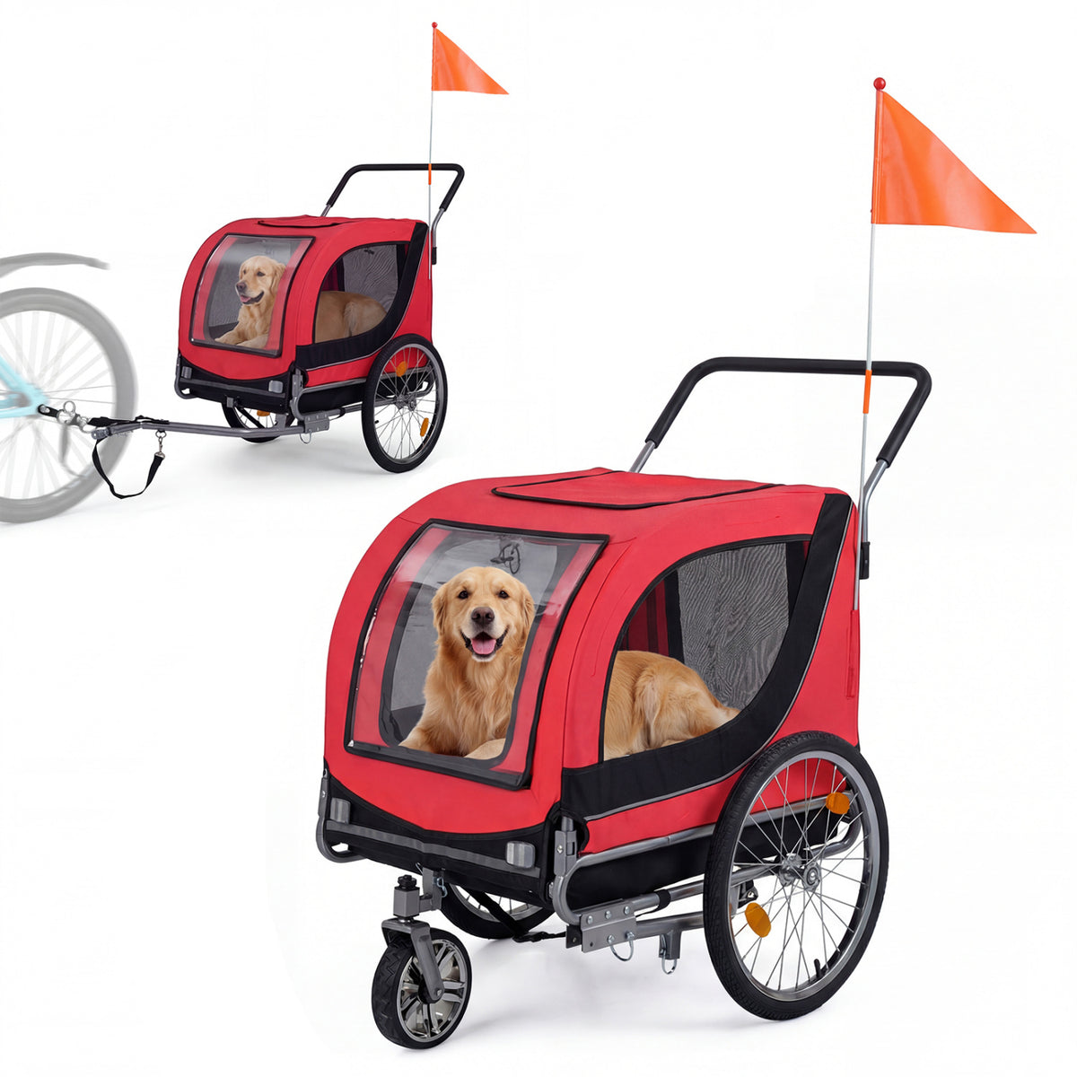 2-in-1 Dog Bike Trailer & Pet Stroller - Red, Folding, 80kg Capacity