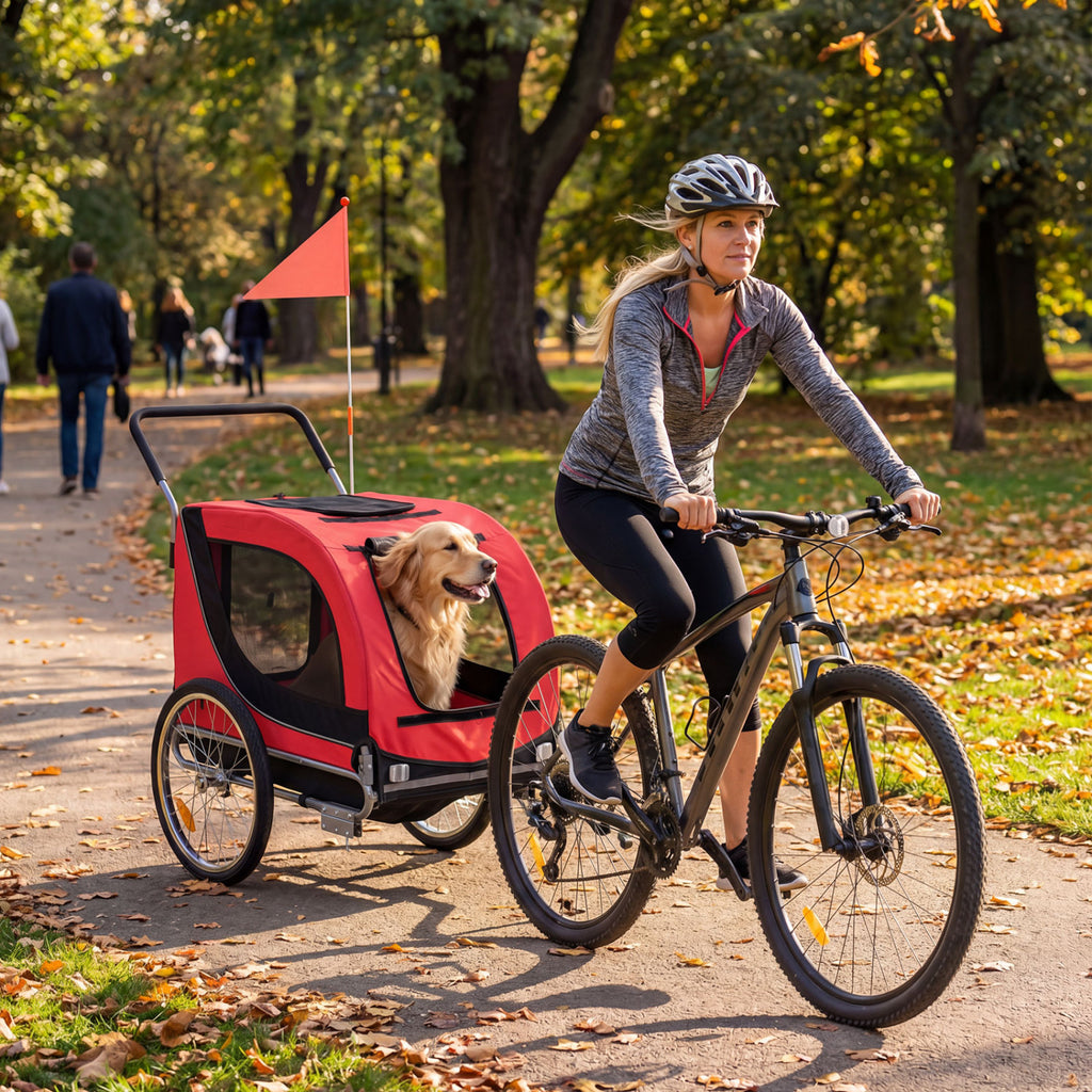 2-in-1 Dog Bike Trailer & Pet Stroller - Red, Folding, 80kg Capacity