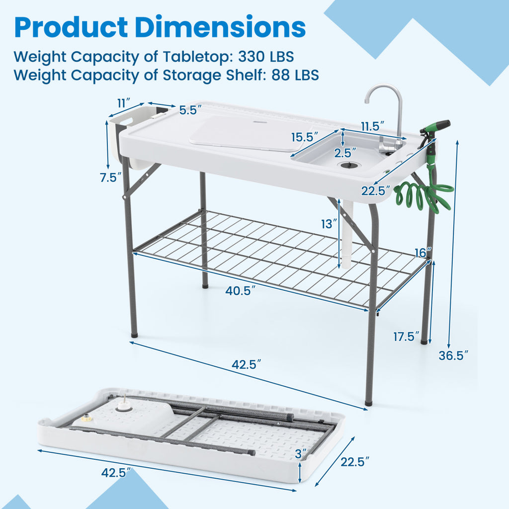42.5" Folding Fish Cleaning Table with Sink & Faucet
