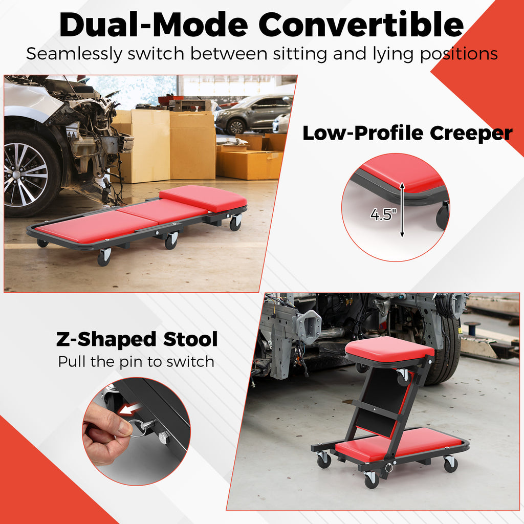 2-in-1 Folding Low Profile Mechanic Creeper with Padded Seat and 6